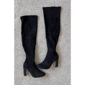 Jewel Badgley Mischka Black Stretch Over-the-Knee Block Heel Boots 8 Holiday